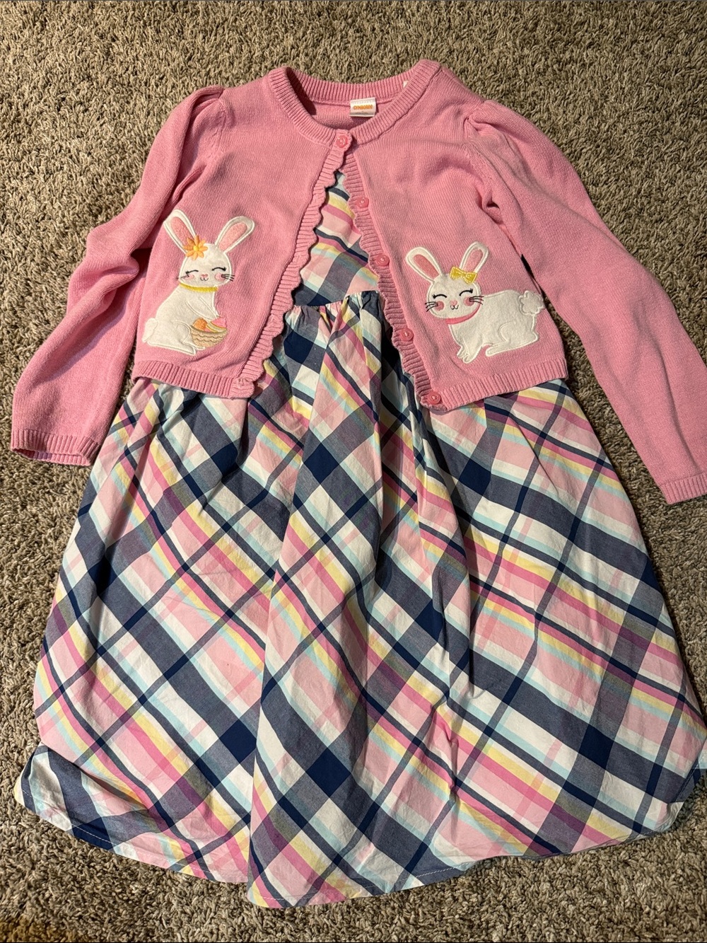 Gymboree Pink Bunny Cardigan with Plaid Dress